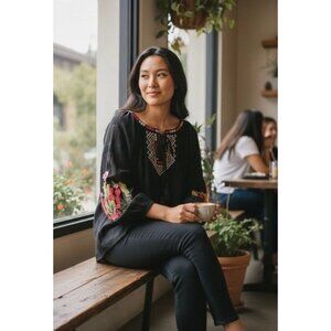 Andree by Unit Black Embroidered Cactus Floral Tassel Tie Neck Blouse Size 3X